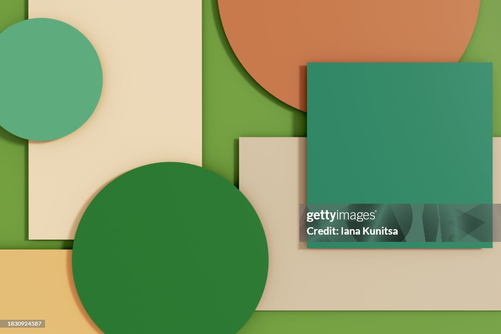 Geometric composition. Green, turquoise, brown and beige circles, squares, rectangles shapes background. Abstract 3D pattern. Design element.