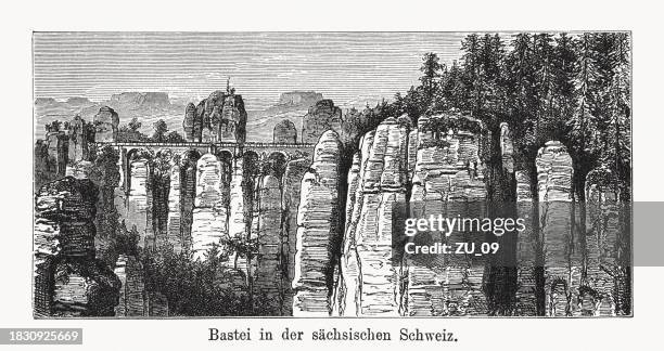 bastei bridge, saxon switzerland, germany, wood engraving, published in 1894 - bastei bridge stock illustrations