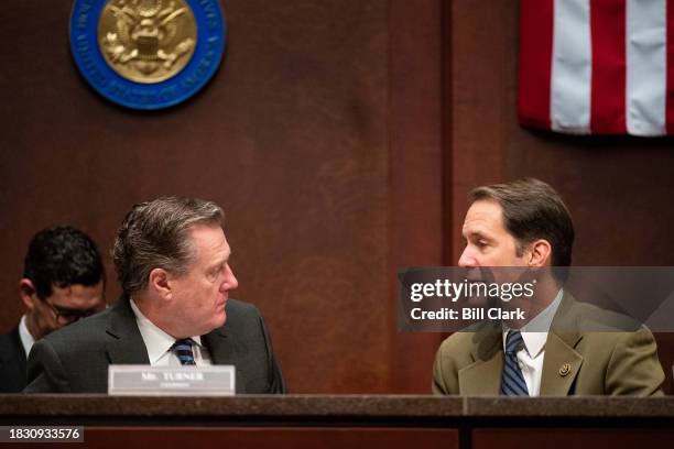 Chairman Rep. Mike Turner, R-Ohio, left, speaks with ranking member Rep. Jim Himes, D-Conn., before the start of the House Select Intelligence...