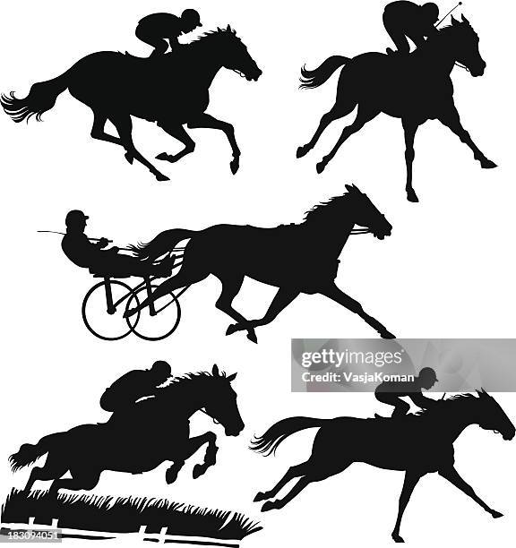 illustrazioni stock, clip art, cartoni animati e icone di tendenza di silhouette di cavalli da corsa - cavallo da corsa