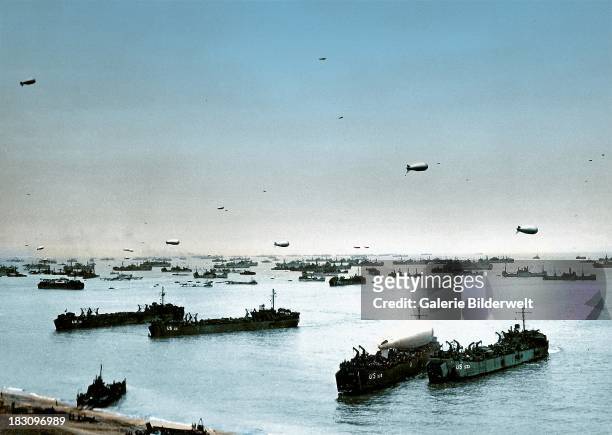 Allied ships, boats and barrage balloons off Omaha Beach after the successful D-Day invasion, Colleville-sur-Mer, Normandy, France, 9th June 1944.