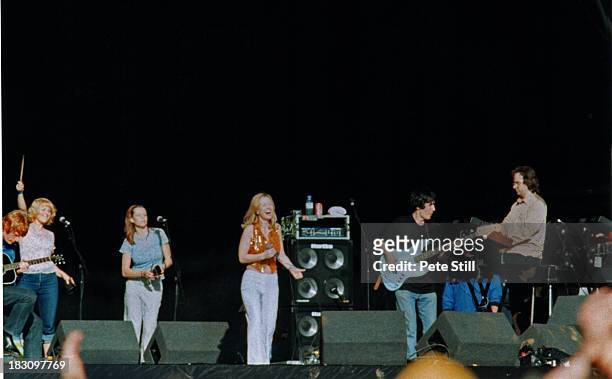 Full stage view of St Etienne performing on stage including band members and Sarah Cracknell at the Glastonbury Festival, on June 28th, 1998 in...