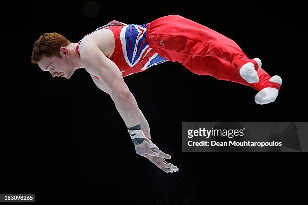 Daniel Purvis of Great Britain competes on the Horizontal Bar during the Mens All-Around Final on Day Four of the Artistic Gymnastics World...