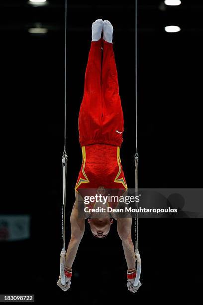 Shixiong Zhou of China competes in the Rings during the Mens All-Around Final on Day Four of the Artistic Gymnastics World Championships Belgium 2013...