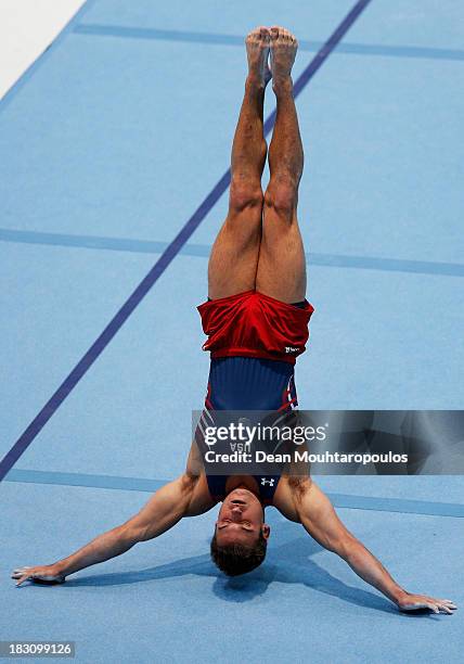 Samuel Mikulak of USA competes in the Floor Event during the Mens All-Around Final on Day Four of the Artistic Gymnastics World Championships Belgium...