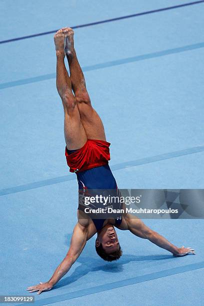 Samuel Mikulak of USA competes in the Floor Event during the Mens All-Around Final on Day Four of the Artistic Gymnastics World Championships Belgium...