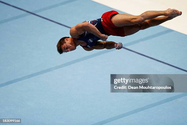 Samuel Mikulak of USA competes in the Floor Event during the Mens All-Around Final on Day Four of the Artistic Gymnastics World Championships Belgium...