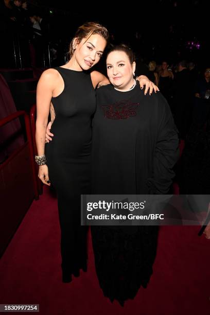 Rita Ora and Lena Dunham attend The Fashion Awards 2023 presented by Pandora pre-ceremony drinks at the Royal Albert Hall on December 04, 2023 in...