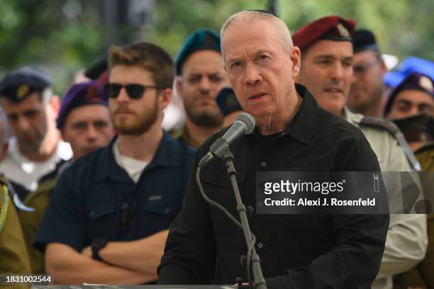 Minister of Defense, Yoav Gallant, speaks at the funeral for Col. Asaf Hamami, commander of Gaza Division's Southern Brigade, at the Kiryat Shaul...