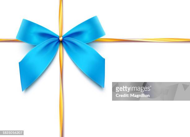 ilustraciones, imágenes clip art, dibujos animados e iconos de stock de lazo de regalo azul con cintas doradas, elegancia azul - rafia