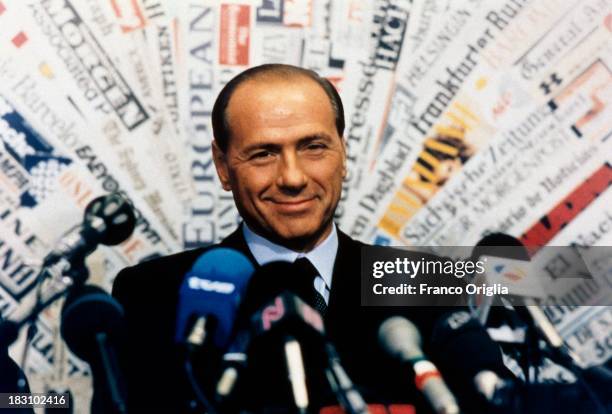Silvio Berlusconi holds a press conference announcing his debut in politics at the foreign press conference room on November 26, 1993 in Rome, Italy.