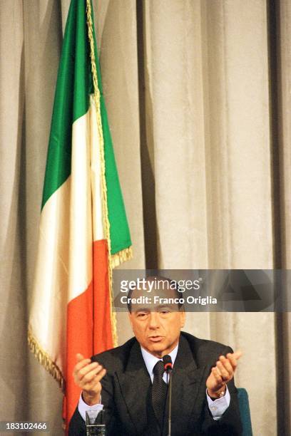 Prime Minister Silvio Berlusconi holds a press conference at Palazzo Chigi on December 23, 1994 in Rome, Italy.