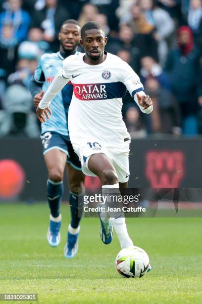 Ousmane Dembele of PSG in action during the Ligue 1 Uber Eats match between Le Havre AC and Paris Saint-Germain at Stade Oceane on December 3, 2023...