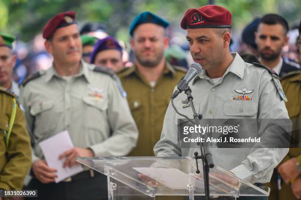 An IDF Brigadier General gives a eulogy for Col. Asaf Hamami, commander of Gaza Division's Southern Brigade, during his funeral at the Kiryat Shaul...