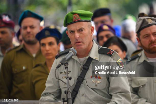 An IDF Brigadier General gives a eulogy for Col. Asaf Hamami, commander of Gaza Division's Southern Brigade, during his funeral at the Kiryat Shaul...