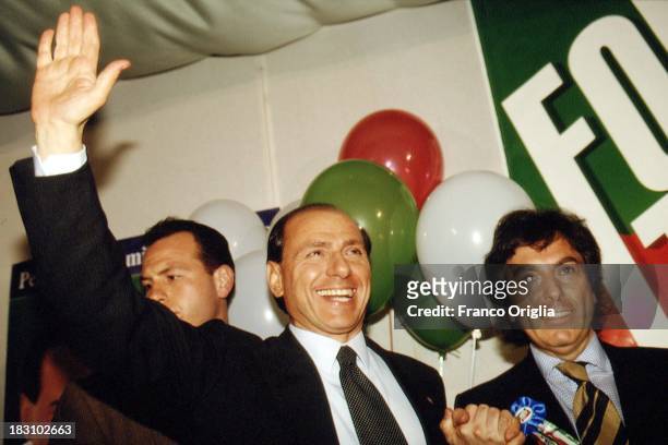 Candidate Prime Minster Silvio Berlusconi during a party of 'Forza Italia' held after his TV debate on March 23, 1994 in Rome, Italy.