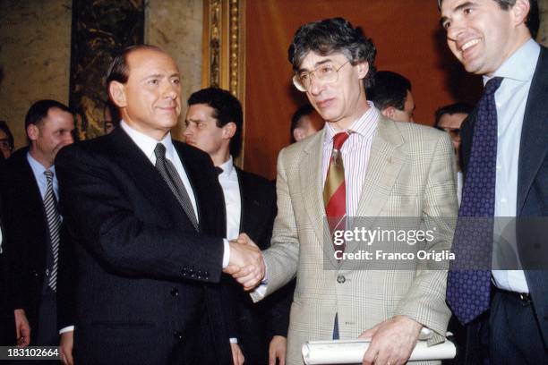 Candidate Prime Minister Silvio Berlusconi of Forza Italia, Pier Ferdinando Casini of UDC and Umberto Bossi of Lega Norda hold a press conference...