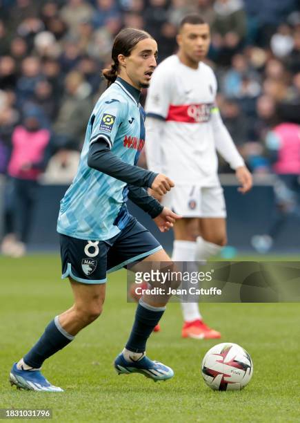 Yassine Kechta of Le Havre during the Ligue 1 Uber Eats match between Le Havre AC and Paris Saint-Germain at Stade Oceane on December 3, 2023 in Le...