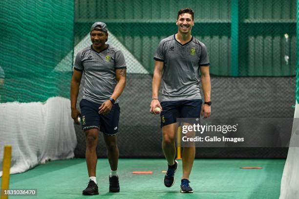 Ottniel Baartman and Nandre Burger during the South Africa national men's cricket team training session at Hollywoodbets Kingsmead Stadium on...