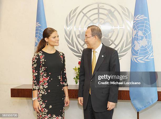 Crown Princess Victoria of Sweden poses with United Nations Secretary-General Ban Ki-moon during her visit to The United Nations at the United...