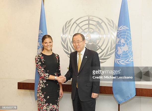 Crown Princess Victoria of Sweden poses with United Nations Secretary-General Ban Ki-moon during her visit to The United Nations at the United...