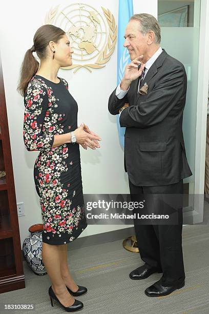 Crown Princess Victoria of Sweden talks with UN Deputy Secretary General Jan Eliasson during her visit to the United Nations at the United Nations on...