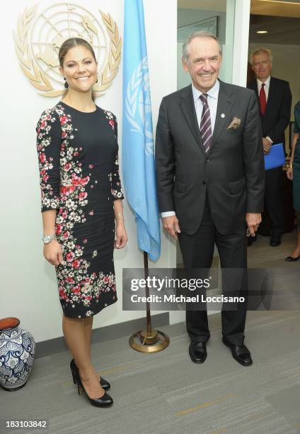 Crown Princess Victoria of Sweden poses with UN Deputy Secretary General Jan Eliasson during her visit to the United Nations at the United Nations on...