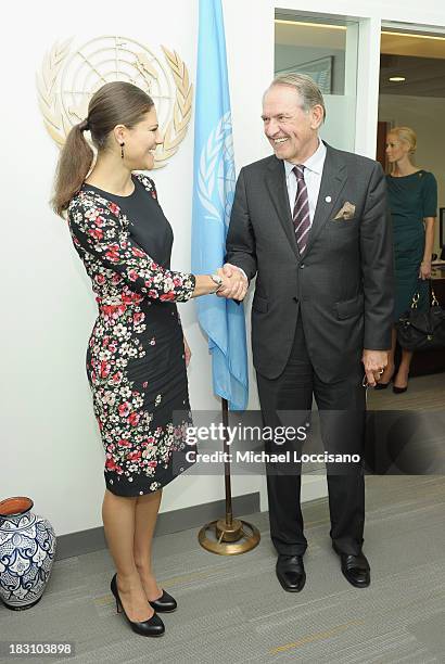Crown Princess Victoria of Sweden shakes hands with UN Deputy Secretary General Jan Eliasson during her visit to the United Nations at the United...