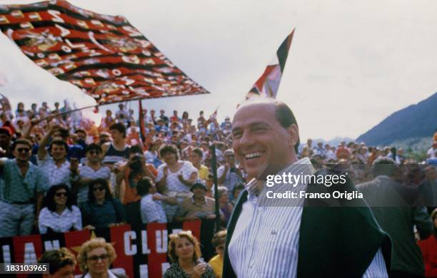 Silvio Berlusconi attends a training session of his football team A.C. Milan in 1993 ca. In Milanello, Italy