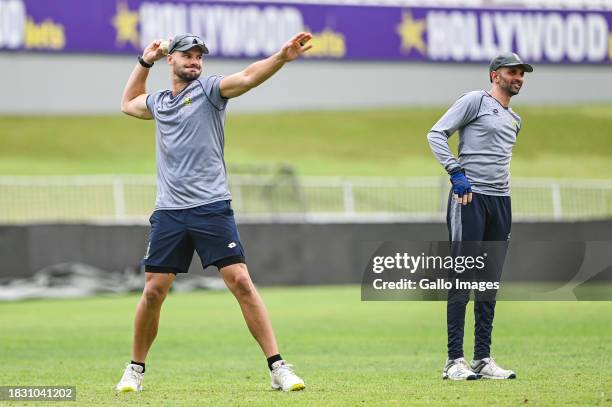 Aiden Markram and Keshav Maharaj during the South Africa national men's cricket team training session at Hollywoodbets Kingsmead Stadium on December...