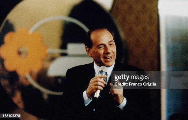 Young Silvio Berlusconi holds a speech at the Mediaset tv headquarters on February 1992 in Milan, Italy.
