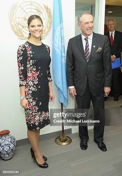 Crown Princess Victoria of Sweden poses with UN Deputy Secretary General Jan Eliasson during her visit to the United Nations at the United Nations on...