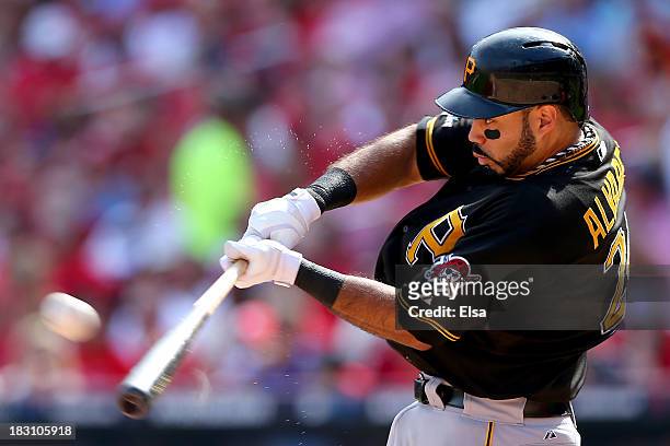 Pedro Alvarez of the Pittsburgh Pirates hits a two-run home run in the third inning against the St. Louis Cardinals during Game Two of the National...