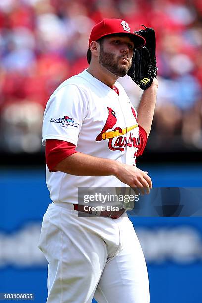 Lance Lynn of the St. Louis Cardinals reacts in the fifth inning against the Pittsburgh Pirates during Game Two of the National League Division...