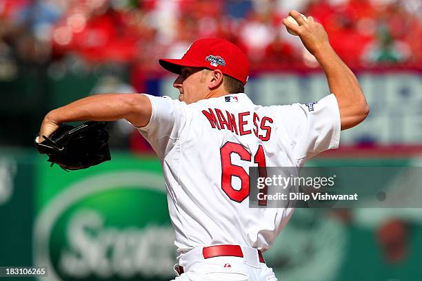 Seth Maness of the St. Louis Cardinals pitches in the fifth inning against the Pittsburgh Pirates during Game Two of the National League Division...