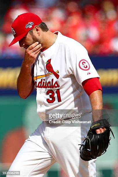 Lance Lynn of the St. Louis Cardinals reacts in the fifth inning while taking on the Pittsburgh Pirates during Game Two of the National League...