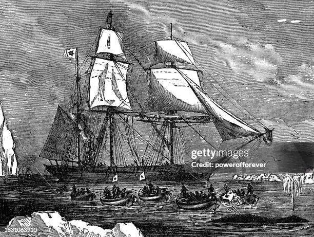 stockillustraties, clipart, cartoons en iconen met whalers using a harpoon gun to hunt a whale - 19th century - harpoen