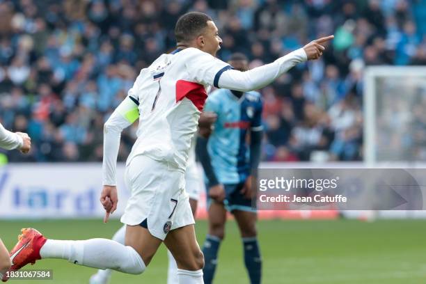 Kylian Mbappe of PSG celebrates his goal during the Ligue 1 Uber Eats match between Le Havre AC and Paris Saint-Germain at Stade Oceane on December...