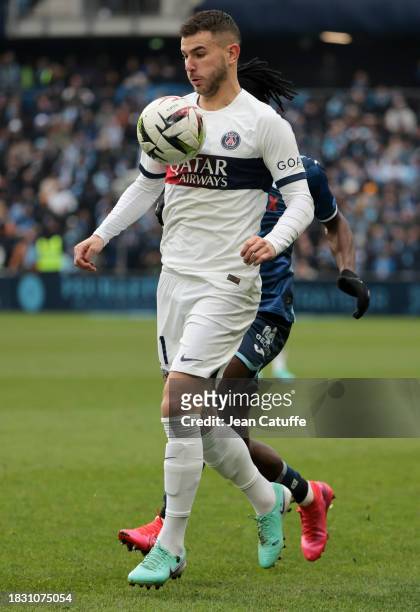 Lucas Hernandez of PSG in action during the Ligue 1 Uber Eats match between Le Havre AC and Paris Saint-Germain at Stade Oceane on December 3, 2023...
