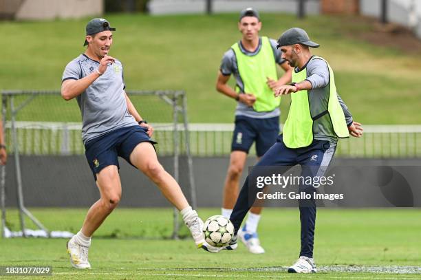 Nandre Burger and Keshav Maharaj during the South Africa national men's cricket team training session at Hollywoodbets Kingsmead Stadium on December...