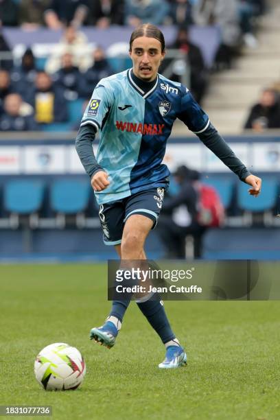 Yassine Kechta of Le Havre during the Ligue 1 Uber Eats match between Le Havre AC and Paris Saint-Germain at Stade Oceane on December 3, 2023 in Le...