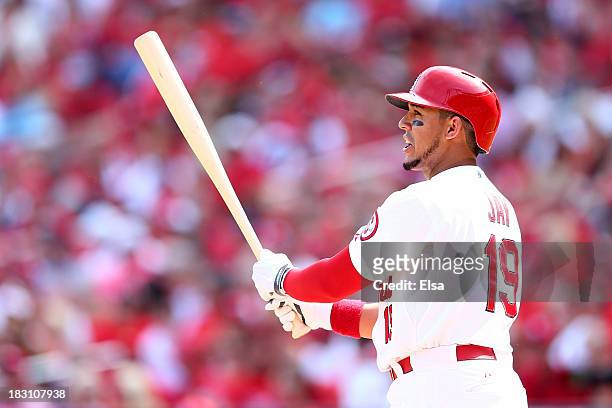 Jon Jay of the St. Louis Cardinals strikes out swinging in the fifth inning against the Pittsburgh Pirates during Game Two of the National League...