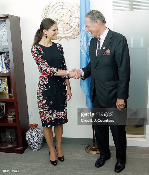 Crown Princess Victoria Of Sweden meets the Deputy Secretary General of the United Nations Jan Eliasson during a visit to the United Nations on...