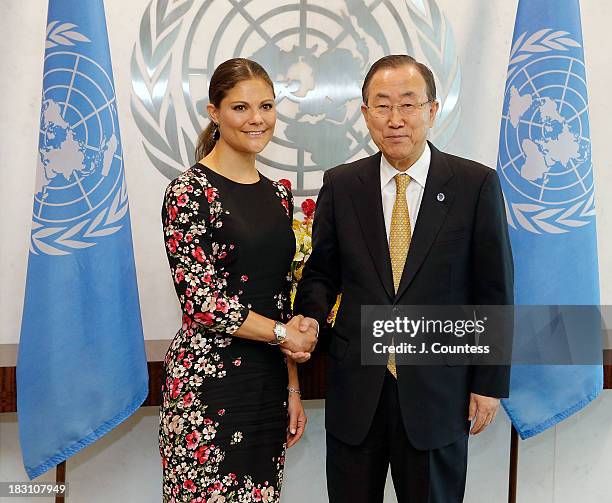 Crown Princess Victoria Of Sweden shakes hands with United Nations Secretary General Ban Ki-moon during a visit to the United Nations on October 4,...