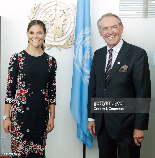 Crown Princess Victoria Of Sweden meets the Deputy Secretary General of the United Nations Jan Eliasson during a visit to the United Nations on...
