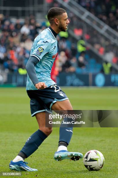 Antoine Joujou of Le Havre in action during the Ligue 1 Uber Eats match between Le Havre AC and Paris Saint-Germain at Stade Oceane on December 3,...