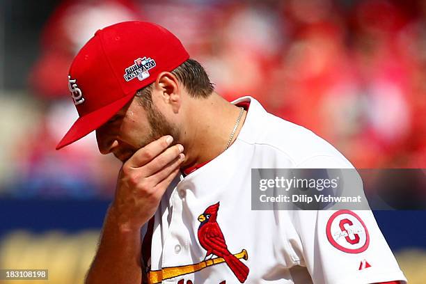 Lance Lynn of the St. Louis Cardinals reacts in the fifth inning while taking on the Pittsburgh Pirates during Game Two of the National League...