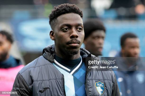 Mohamed Bayo of Le Havre looks on following the Ligue 1 Uber Eats match between Le Havre AC and Paris Saint-Germain at Stade Oceane on December 3,...