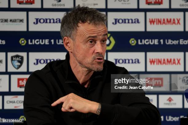 Coach Luis Enrique speaks to the media during the post-match press conference following the Ligue 1 Uber Eats match between Le Havre AC and Paris...
