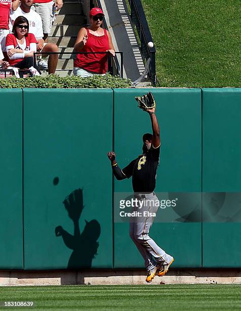 Andrew McCutchen of the Pittsburgh Pirates catches a fly ball by Adron Chambers of the St. Louis Cardinals in the sixth inning during Game Two of the...